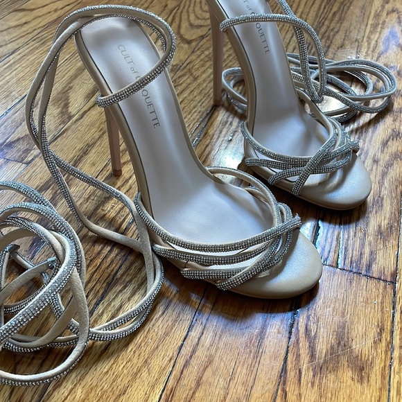 GRACE NUDE VEGAN LEATHER CRYSTAL WRAP SANDAL HEELS - Picture 3 of 6